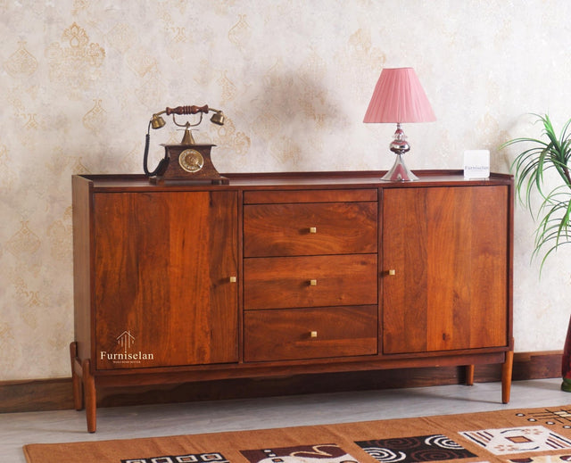 Wellington Solid Wood Sideboard Cabinet - Sideboard - Furniselan - Brown-Finish
