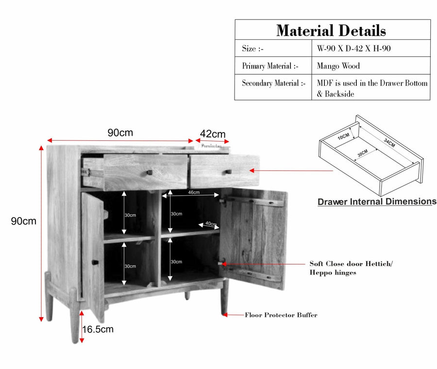 Wellington Solid Wood Sideboard Cabinet Two Door and Drawers - Sideboard - Furniselan - Natural-Finish