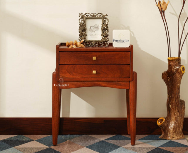 Wellington Solid Wood Two Drawer Side Table - Furniselan-Brown Finish