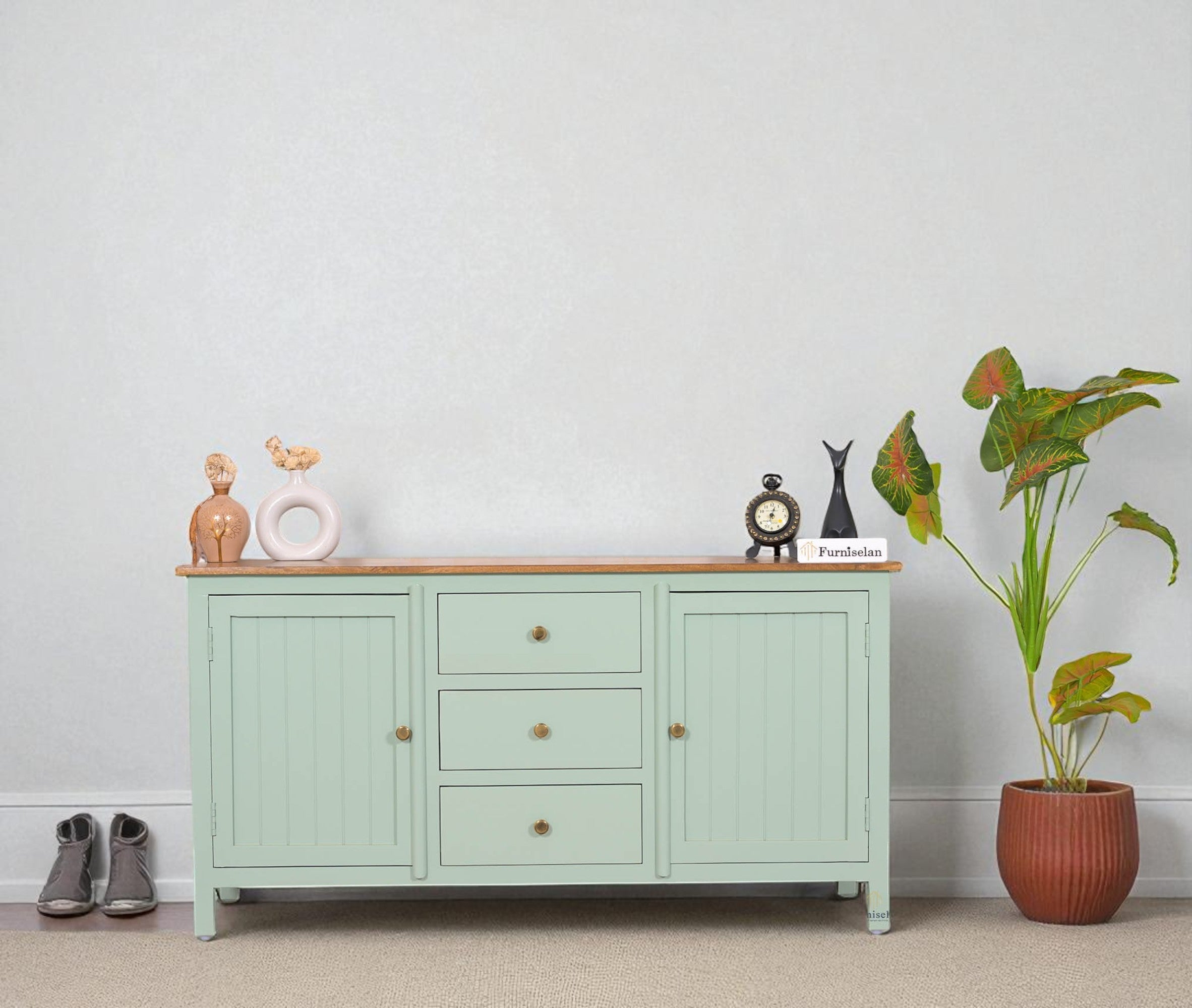 Spain Solid Mango Wood Sideboard Cabinet- 2 Doors & 3 Drawers Furniselan - Silt-Green