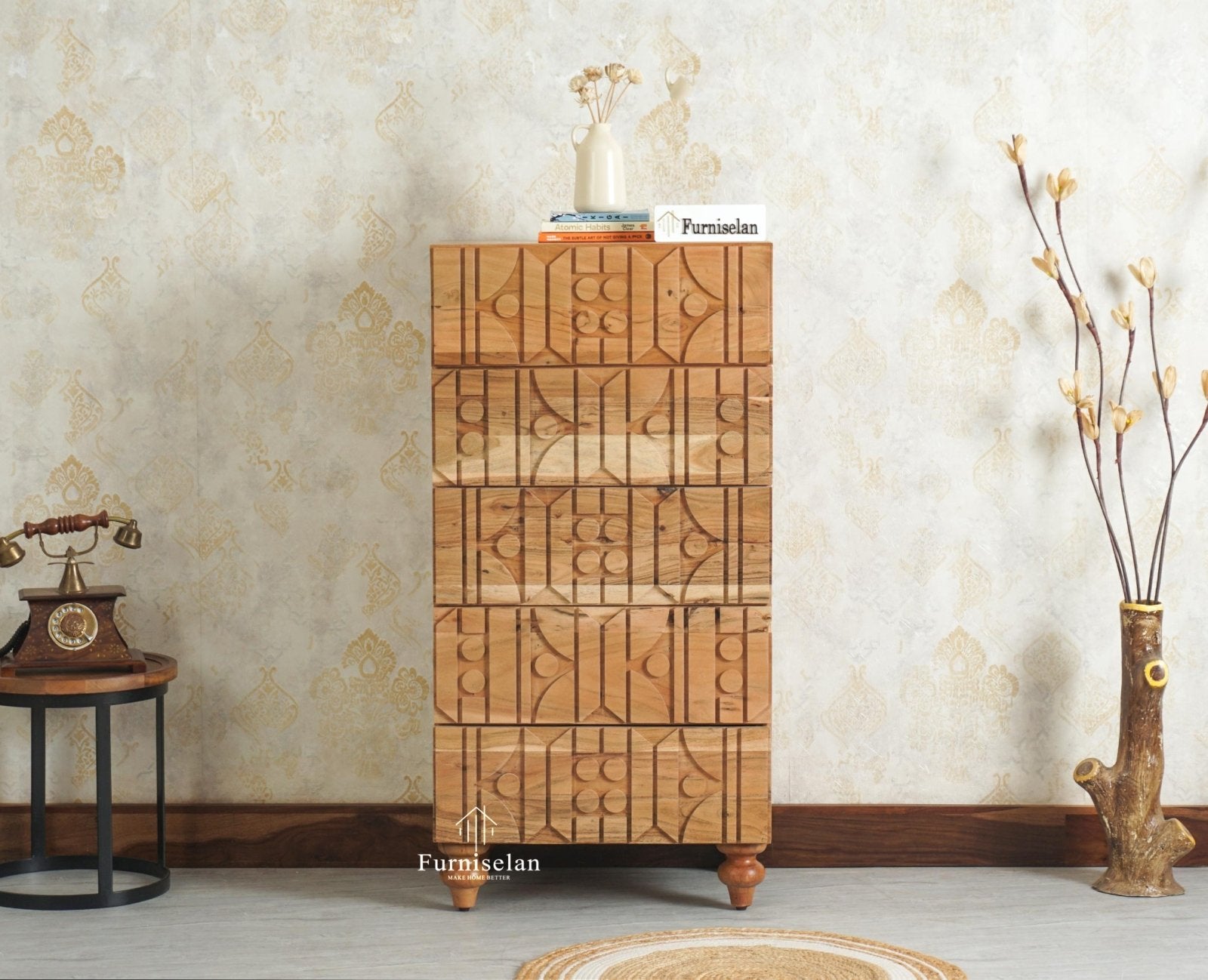 Wilson Solid Wood Five Drawer Chester Furniselan Natural Finish