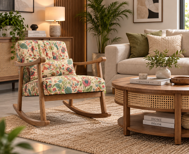Elias Rubber Wood Rocking Chair with Cotton Fabric - Cream / Multicolor Floral Print