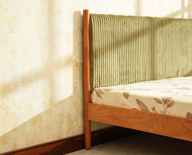 Yelahanka Fluted Wooden King Upholstered Bed Natural Finish