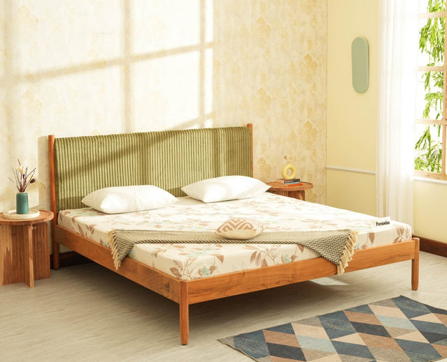 Yelahanka Fluted Wooden King Upholstered Bed Natural Finish