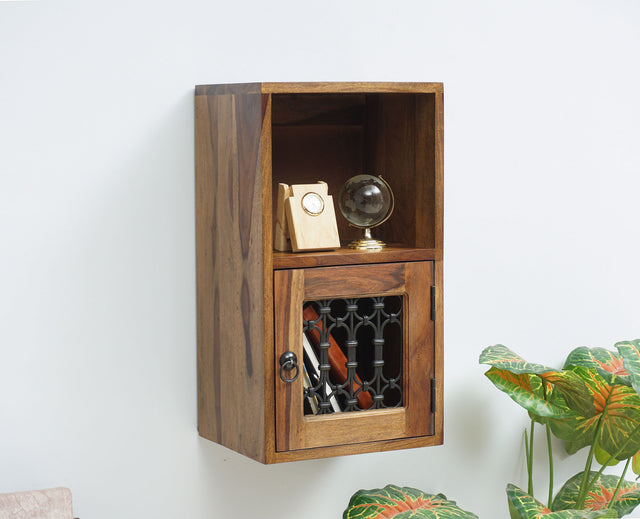 Sweden Sheesham Wood Wall Shelve One Door Furniselan - Teak-Finish