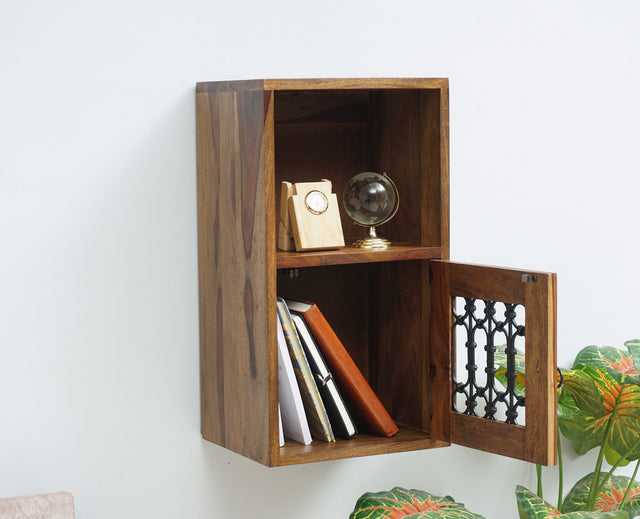 Sweden Sheesham Wood Wall Shelve One Door Furniselan - Teak-Finish