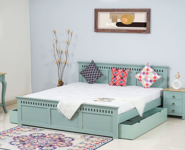 Alexandria Solid Wood King Size Bed with Storage Drawer - Furniselan Silt-Green