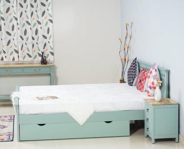 Alexandria Solid Wood Queen Size Bed with Storage Drawer - Furniselan Silt-Green