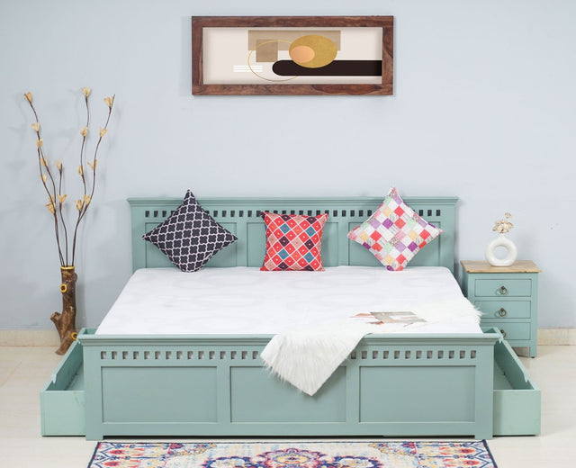 Alexandria Solid Wood Queen Size Bed with Storage Drawer - Furniselan Silt-Green