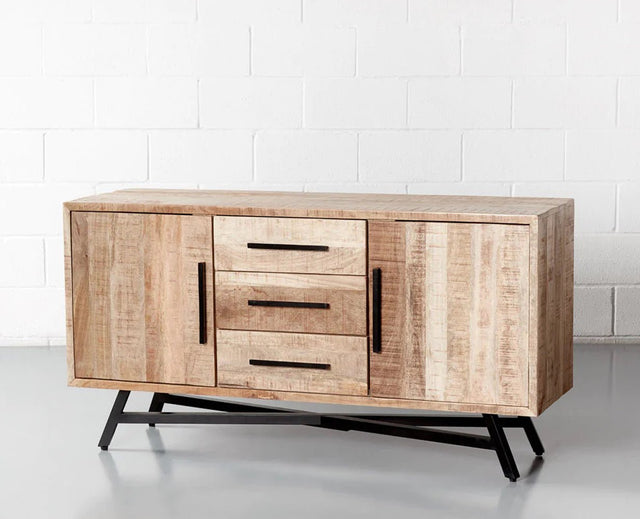 Argentina Solid Wood Three Drawer Two Door Sideboard - Bedside Table - Furniselan - Natural-Rough-Finish