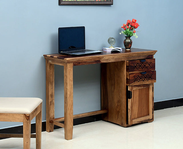 Bekasi Solid Wood Writing Study Table, Study Laptop Desk with Two Drawers & One Door-Rustic Teak Finish - Study Table - Furniselan - Rustic-Teak-Finish