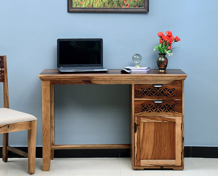 Bekasi Solid Wood Writing Study Table, Study Laptop Desk with Two Drawers & One Door-Rustic Teak Finish - Study Table - Furniselan