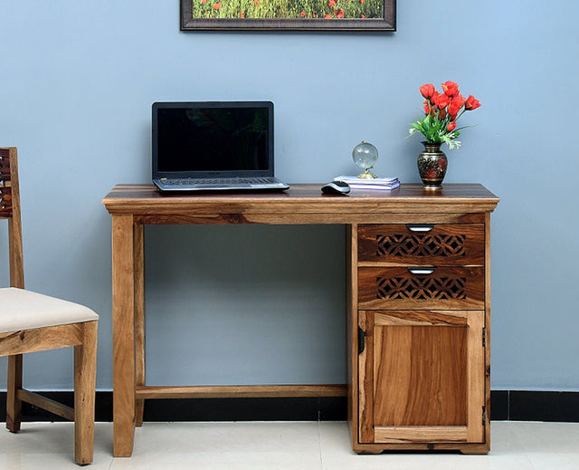 Bekasi Solid Wood Writing Study Table, Study Laptop Desk with Two Drawers & One Door With Chair -Rustic Teak Finish - Study Table - Furniselan - Rustic-Teak-Finish