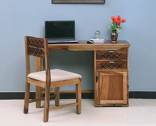 Bekasi Solid Wood Writing Study Table, Study Laptop Desk with Two Drawers & One Door With Chair -Rustic Teak Finish - Study Table - Furniselan