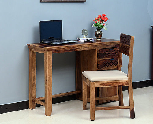 Bekasi Solid Wood Writing Study Table, Study Laptop Desk with Two Drawers & One Door With Chair -Rustic Teak Finish - Study Table - Furniselan