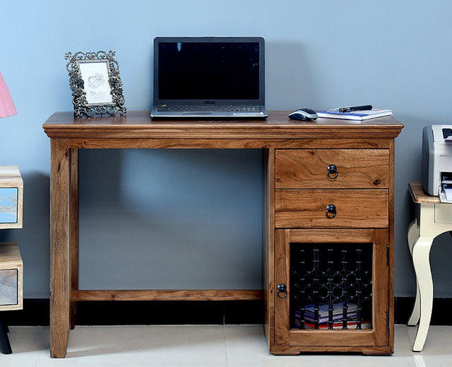 Belgaum Solid Wood Writing Study Table, Study Laptop Desk with Two Drawers & One Door - Study Table - Furniselan - Rustic-Teak-Finish