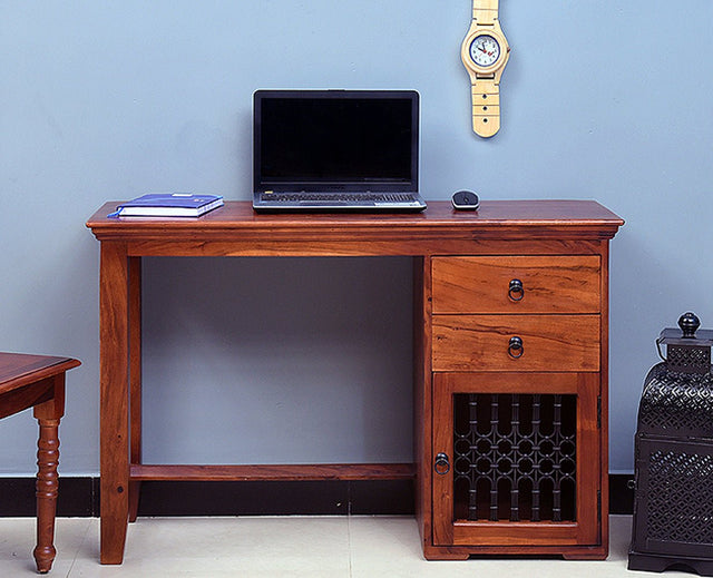 Belgaum Solid Wood Writing Study Table, Study Laptop Desk with Two Drawers & One Door - Study Table - Furniselan - Maple-Finish