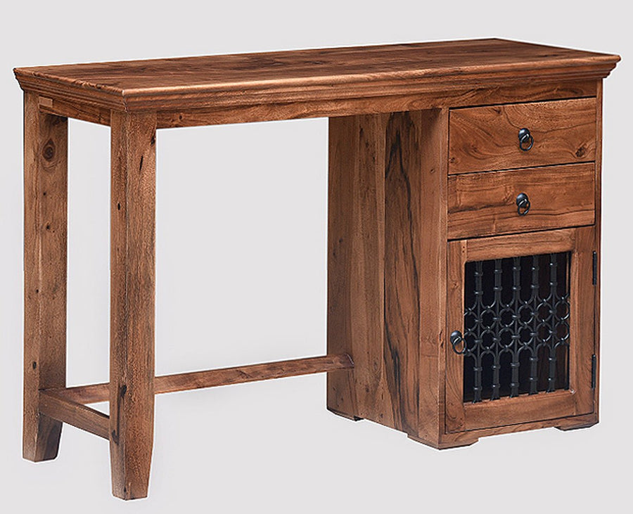 Belgaum Solid Wood Writing Study Table, Study Laptop Desk with Two Drawers & One Door With Chair - Study Table - Furniselan - Rustic-Teak-Finish