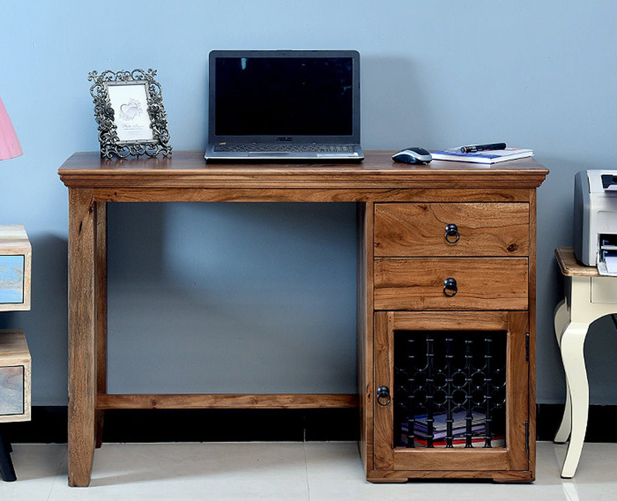 Belgaum Solid Wood Writing Study Table, Study Laptop Desk with Two Drawers & One Door With Chair - Study Table - Furniselan - Rustic-Teak-Finish