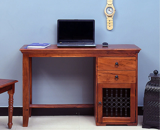 Belgaum Solid Wood Writing Study Table, Study Laptop Desk with Two Drawers & One Door With Chair - Study Table - Furniselan - Maple-Finish
