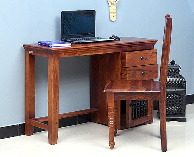 Belgaum Solid Wood Writing Study Table, Study Laptop Desk with Two Drawers & One Door With Chair - Study Table - Furniselan - Maple-Finish