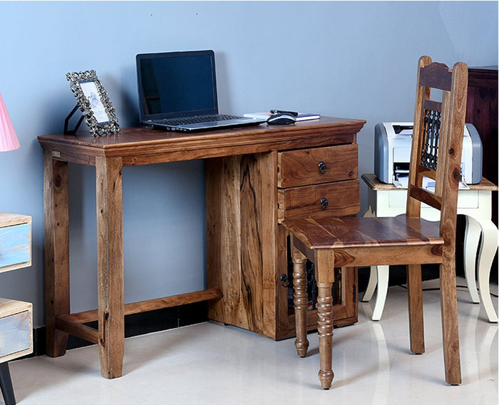 Belgaum Solid Wood Writing Study Table, Study Laptop Desk with Two Drawers & One Door With Chair - Study Table - Furniselan