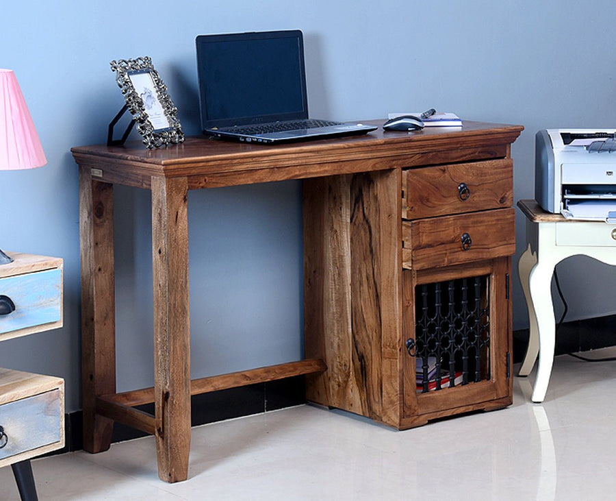 Belgaum Solid Wood Writing Study Table, Study Laptop Desk with Two Drawers & One Door With Chair - Study Table - Furniselan - Rustic-Teak-Finish - Rustic-Teak-Finish