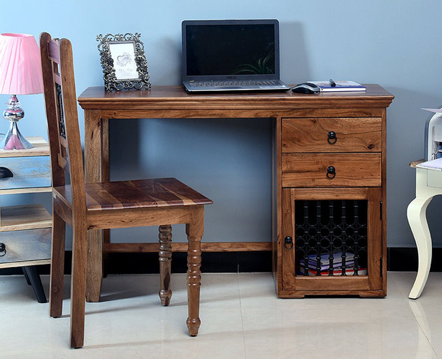 Belgaum Solid Wood Writing Study Table, Study Laptop Desk with Two Drawers & One Door With Chair - Study Table - Furniselan - Rustic-Teak-Finish
