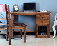 Belgaum Solid Wood Writing Study Table, Study Laptop Desk with Two Drawers & One Door With Chair - Study Table - Furniselan - Rustic-Teak-Finish
