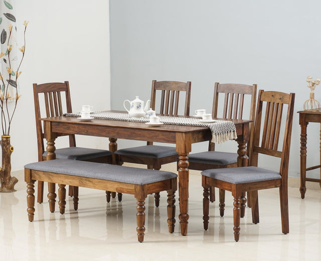 Belgium 6 Seater Dining Set With 4 Chairs & Bench - Dining Set - Furniselan - Teak-Finish