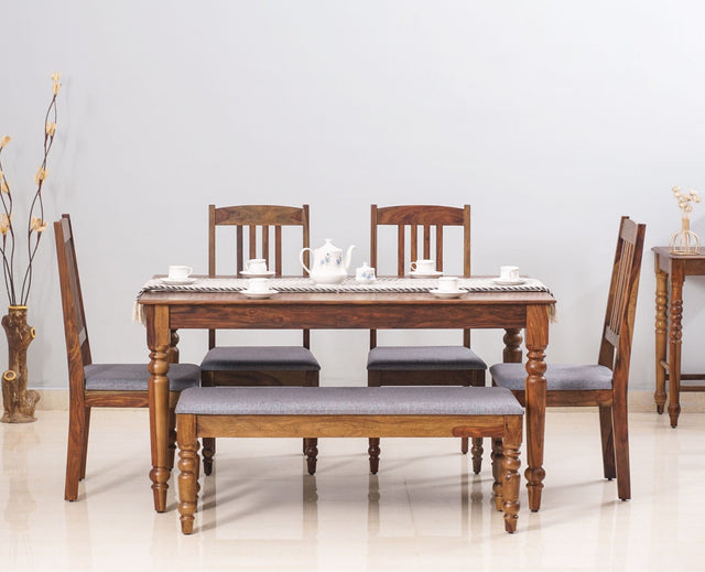 Belgium 6 Seater Dining Set With 4 Chairs & Bench - Dining Set - Furniselan - Teak-Finish