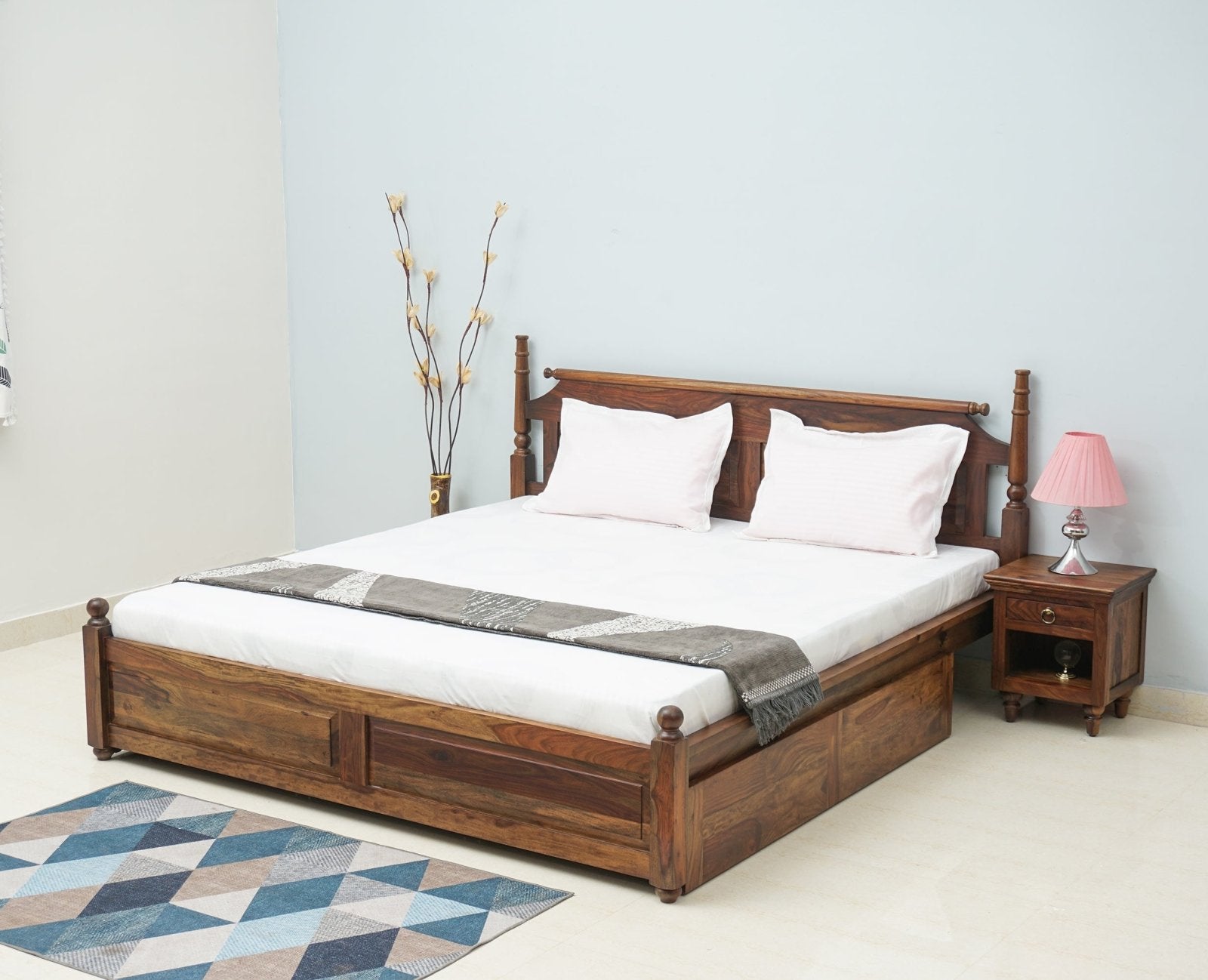 Belgium Solid Wood King Size Bed With Storage Drawer - Furniselan-Teak-Finish
