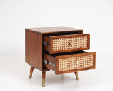 Boston Sold Wood Rattan Cane Two Drawer Bedside Table - Bedside Table - Furniselan Brown-Finish