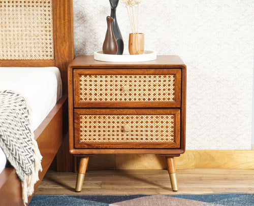 Boston Sold Wood Rattan Cane Two Drawer Bedside Table - Bedside Table - Furniselan