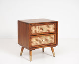 Boston Sold Wood Rattan Cane Two Drawer Bedside Table - Bedside Table - Furniselan Brown-Finish