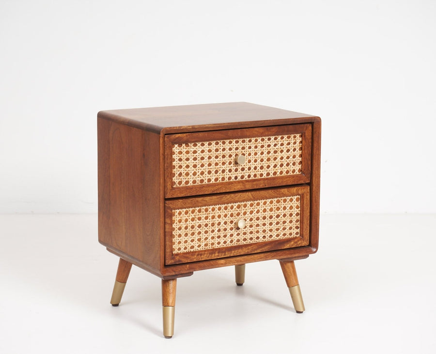 Boston Sold Wood Rattan Cane Two Drawer Bedside Table - Bedside Table - Furniselan Brown-Finish