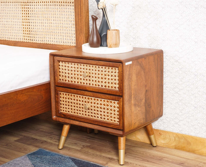 Boston Sold Wood Rattan Cane Two Drawer Bedside Table - Bedside Table - Furniselan
