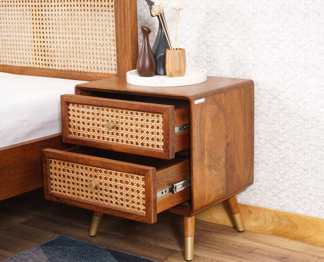 Boston Sold Wood Rattan Cane Two Drawer Bedside Table - Bedside Table - Furniselan Brown-Finish