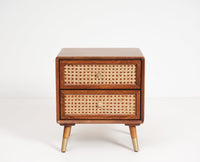 Boston Sold Wood Rattan Cane Two Drawer Bedside Table - Bedside Table - Furniselan Brown-Finish