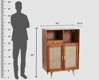 Boston Solid Wood Rattan Cane Bar Cabinet with Glass Holder Storage Furniselan Brown-Finish
