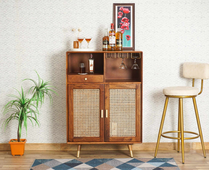 Boston Solid Wood Rattan Cane Bar Cabinet with Hang Storage - Bar Cabinet - Furniselan