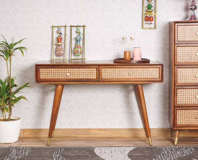 Boston Solid Wood Rattan Cane Console Table - Console Table - Furniselan Brown-Finish