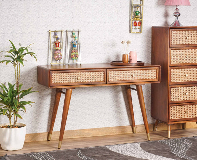Boston Solid Wood Rattan Cane Console Table - Console Table - Furniselan Brown-Finish