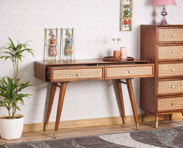 Boston Solid Wood Rattan Cane Console Table - Console Table - Furniselan Brown-Finish