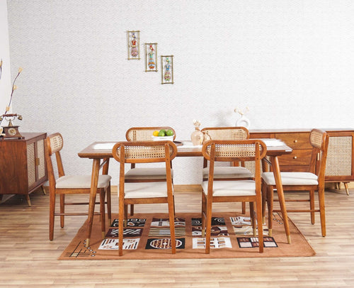 Boston Solid Wood Rattan Cane Dining Table Six Seater Set