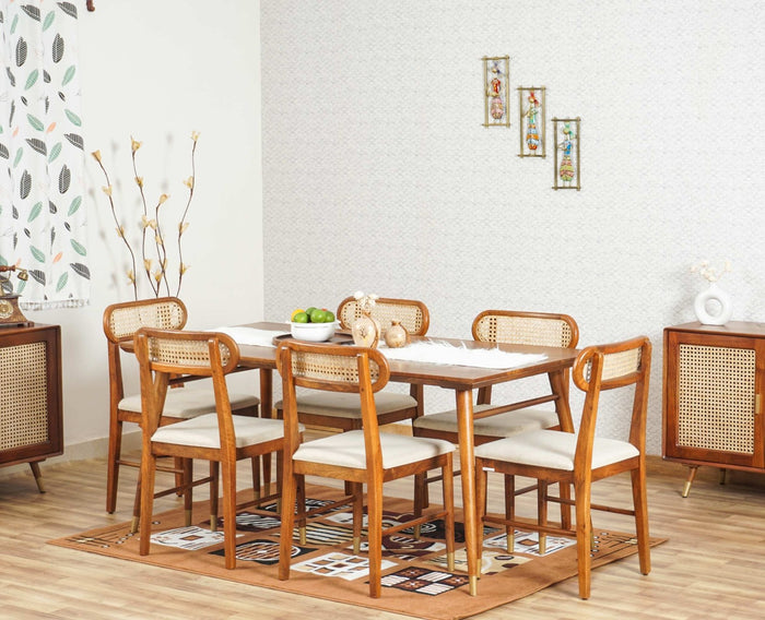 Boston Solid Wood Rattan Cane Dining Table Six Seater Set - Dining Set - Furniselan