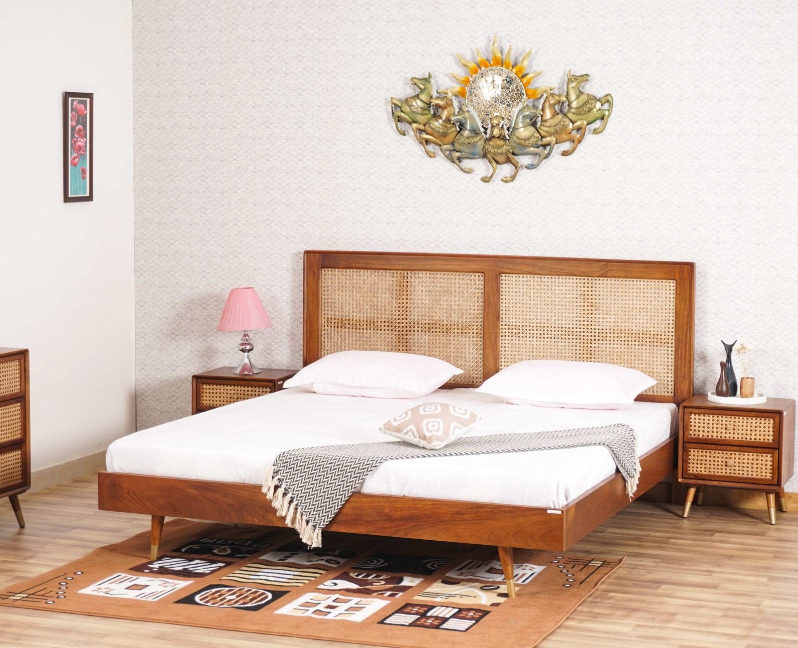 Boston Solid Wood Rattan Cane Queen Size Bed