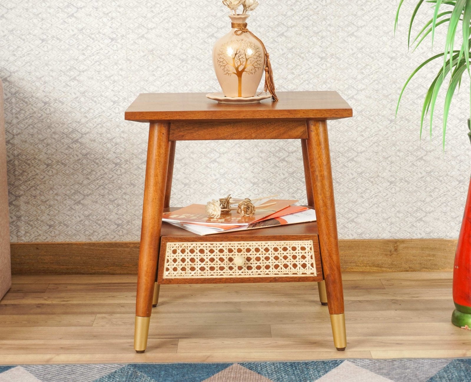 Boston solid wood rattan side table with one drawer