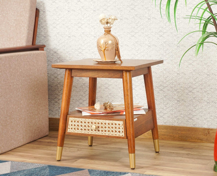 Boston Solid Wood Rattan Cane Side Table - Bedside Table - Furniselan