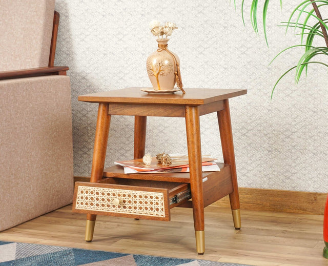 Boston Solid Wood Rattan Cane Side Table - Bedside Table - Furniselan Brown-Finish